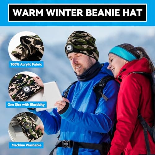 FFIPBGE Valentines Day Gifts for Him, Beanie Hats with Light, USB Rechargeable LED Hand Free Headlamp, Birthday Gifts for Men, Women, and Teens, Ideal for Camping, Hiking, Camouflage view 4