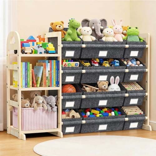 HONGDDY Toy Storage Organizer with 3 Shelves and 12 Bins, Bookshelf/Bookcase, Kids Bin Shelf, Toys Box for Playroom Organization for Bedroom & Room view 1