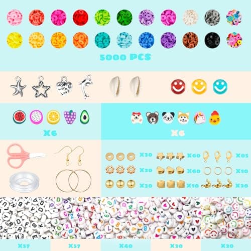Sunlode Bracelet Making Kit 5000pcs, Jewelry Making Kit for Beginner, DIY Arts and Crafts Gift Toys for Kids Ages 6-13 Preppy Clay Beads with Charms Friendship Bracelets view 2