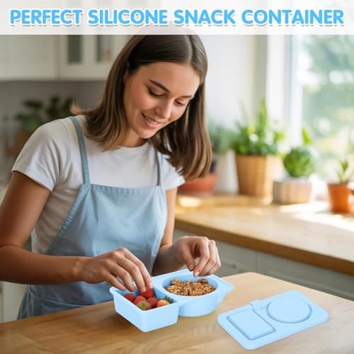 Dalycro Silicone Snack Containers with Lids – Reusable Snack Containers with Double Compartments for Adults Mini Silicone Food Box Perfect for Travel Lunch Gym (Blue) view 2