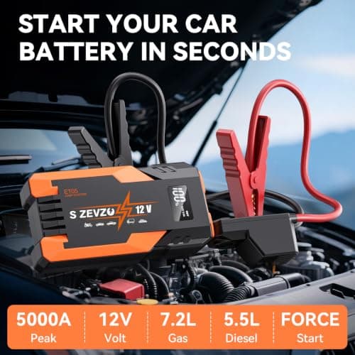 S ZEVZO ET05 Jump Starter 5000A Portable Car Jump Starter Battery Pack (7.2L Gas/ 5.5L Diesel), 51.8Wh 12V Jump Box with USB Ports, LCD Display and 3 Modes Flashlight view 2