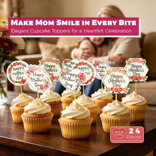 Oeyliz Happy Mothers Day Cupcake Topper 24 Pieces Flower Patterns Mom Cake Decorations Happy Mothers Day Cupcake Toppers for Mothers Day Party Cake Decorations view 4