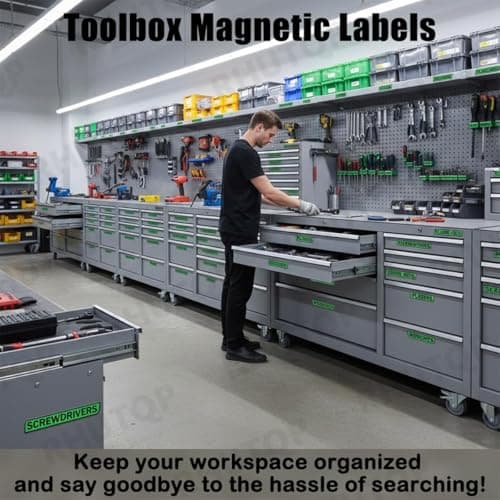 Magnetic Tool Box Organization Labels, 12 Pack Reusable Steel Cabinet Labels for Workshop Storage, Toolbox Drawer with Strong Magnet Backing (Black) view 5