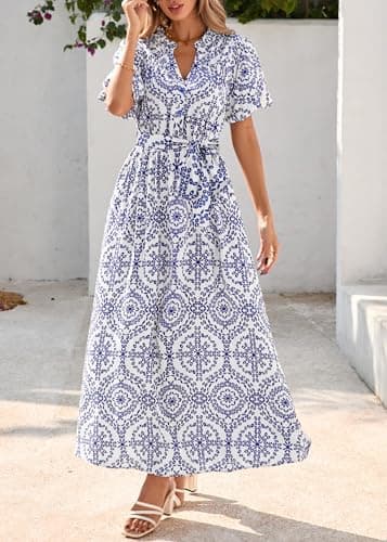 KIRUNDO Women Spring Summer Wedding Guest Boho Floral Maxi Dress Puff Sleeve Button Shirt V Neck Flowy Beach Vacation Dress view 3