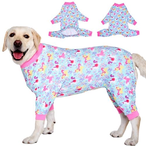 LovinPet Pitbull Dog Pajamas,Pet Pajamas for Dogs, Wound Care/Post Surgery Dog Clothes,Lightweight Stretchy Pitbull P'js, Onesies for Dogs, Seafoam Unicorn Print,Large Breed Rottweiler Jammies /3XL