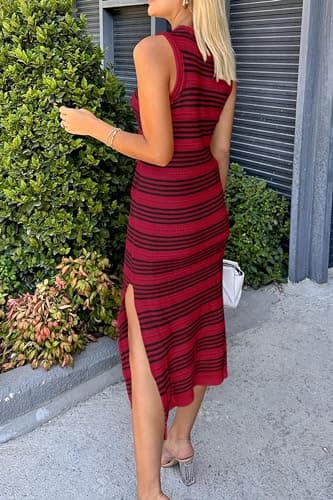 PRETTYGARDEN Summer Dresses for Women 2026 Casual Sleeveless Hollow Out Knit Side Slit Striped Beach Vacation Midi Dress view 2