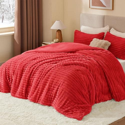 BEDELITE Fleece Queen Comforter Set -Super Soft & Warm Fluffy Red Bedding, Luxury Fuzzy Heavy Bed Set for Winter with 2 Pillow Cases view 3