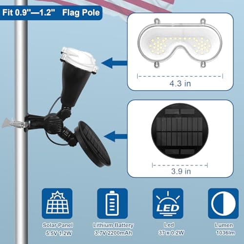 RAYSLIT Flag Pole Light Solar Powered 360° Adjustable Metal Clamps Fits 1-1.5" Dia Wall-Mounted Flagpole Brightest Outdoor Dusk to Dawn LED Spotlight 100% Coverage Flag Light Black view 3