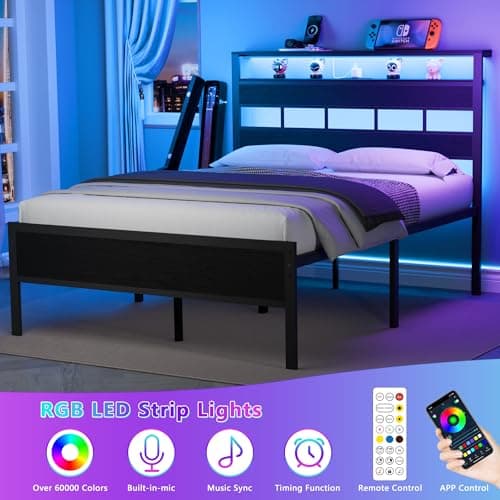 Furnulem Full Size Bed Frame with LED Light and Charging Station, Wood Storage Headboard with 2-Tier Shelves, Metal Platform Bed with Heavy Duty Slats Support, No Box Spring Needed, Black Oak view 6
