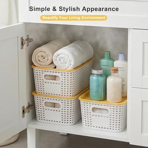 AREYZIN 6 Pack Plastic Storage Bins with Lid,Stackable Storage Bins and Storage Baskets for Shelves,Small Baskets for Organizing, Small Storage Bins,10.2x7.2x4.1 Inch, White view 4