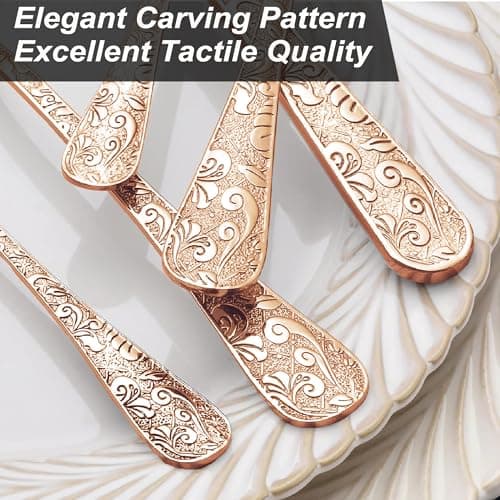Runfly Vintage Carved Rose Gold/Copper Stainless Steel 20 Pieces Flatware Set, Silverware Set, Modern Embossed Cutlery Set Utensils Including Fork Spoon and Knife view 7