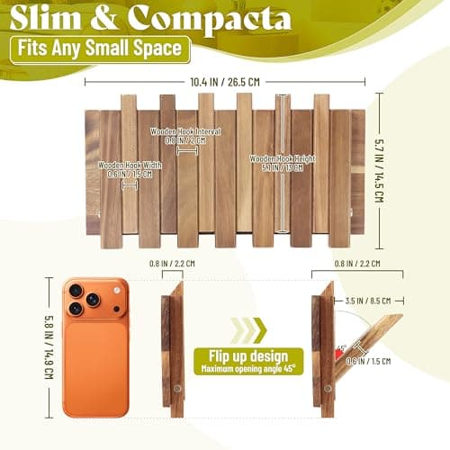 LOTOFUN Wall Coat Rack for Entryway: Farmhouse Wooden Folding 6 Hooks Mount 10.4inch Rustic Decorative Minimalist Piano Hanger for Apartment Office Small Space for Towel Backpack Jacket view 2