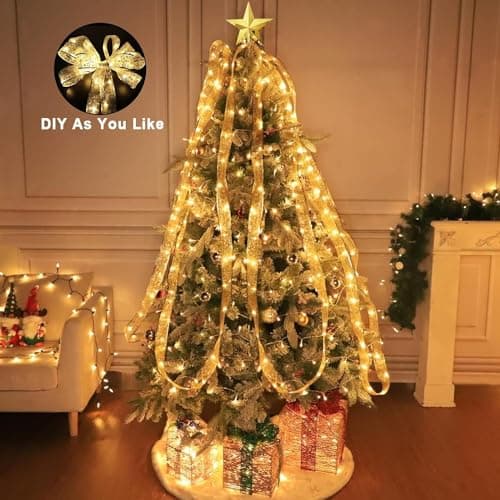Christmas Tree Decorations Ribbon Lights, 32ft 100 LED String Lights, Battery-Powered Copper Wire Christmas Tree Ribbon Lights for Holiday Party Weddings Indoor Christmas Tree Decorations (Gold) view 7