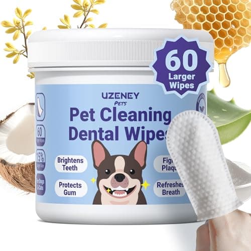 UZENEY Pet Teeth Cleaning Wipes for Dogs&Cats, 60 pcs Dental Finger Wipes, Larger Sized, Plant Extract Ingredients Refresh Breath & Control Plaque & Protect Gum, Dog Tooth Brushing Kit, Unscented — image 1