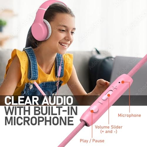 FosPower Kids Headphones with 3.5mm Laced Cables, Children & Teens Over The Ear Foldable Adjustable Headset w/Built-in Mic for Smartphones/PC/Tablet/Laptop/School (Max Volume 85dB) – Pink/White view 4