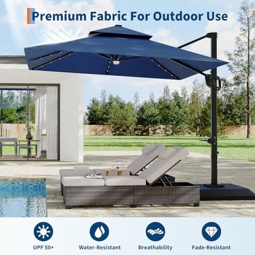 Garvee 10 ft Solar Lights Cantilever Patio Umbrella with Base Included, 360° Rotation Offset Umbrella, Easy Crank & Tilt Adjustment, UV Protection for Backyard, Poolside, Deck -Navy Blue view 5