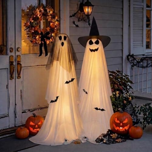 Minetom 2 Pack 5 FT Halloween Ghost Decorations Light Up Ghosts Outdoor | 8 Modes with Remote & Timer, Waterproof Battery Boxes, Adjustable Height Tripods for Indoor Porch Home Decor,Veil & Witch Hat — image 1