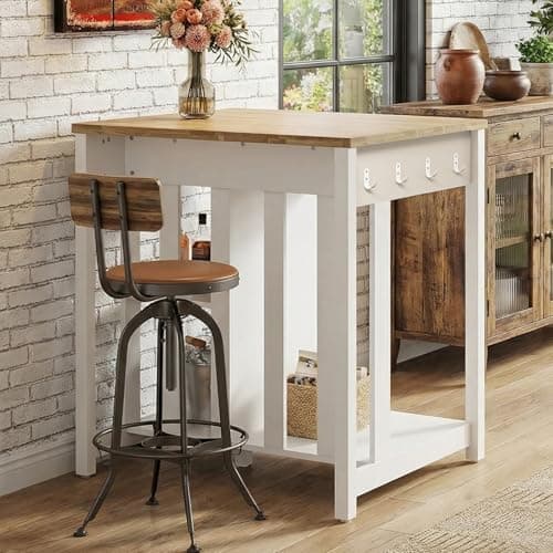 LAZZO 35.4" Kitchen Island with Storage and Seating, White and Natural | Coffee Bar Cabinet with Fridge Space, Power Outlets, Rubberwood Worktop, Open Shelves & Side Hooks for Kitchen Dining Room view 4