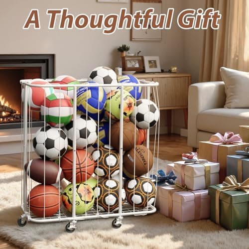 YKDIRECT 250L Rolling Ball Organizer with Locking Wheels - Large Sports Storage Basket for Basketball Soccer Football Volleyball, Steel Garage Equipment Cart with Elastic Rope for Household Storage view 2