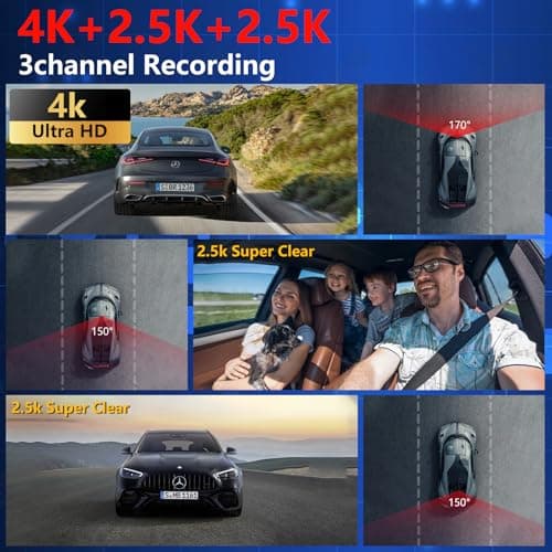 Eivikga 4K+2.5K+2.5K Dash Cam, STARVIS 2 Sensor, Dash Camera 3-Channel, Free 64GB Card, Dashcam with 5G WiFi GPS, G-Sensor,Loop Recording, HDR, 24H Parking Monitor, Time-Lapse Recording, 256GB Max view 2