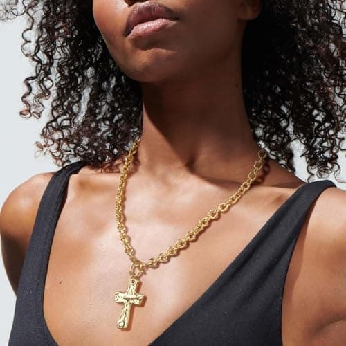 Punhem Chunky Gold Necklace for Women - 14K Gold/Silver Plated Trendy Dainty Non Tarnish Thick Chain Statement Charm Necklace with Vintage Toggle Clasp Fashion Jewelry Set Gift view 6