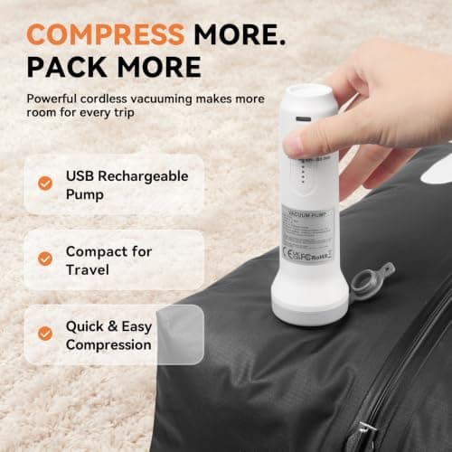 Vacuum Seal Bags for Travel with Pump, 21L Compression Packing Bags, 3 Pack 3 reusable 21L vacuum compression bags with cordless pump for carry-on suitcases, travel backpacks, packing and storage. view 3
