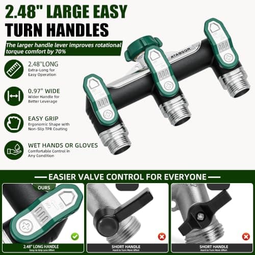 Garden Hose Splitter 3 Way, Heavy Duty Metal, 3/4" GHT, Green 2.48" Easy-Turn Handles, 3 Independent Shutoff Valves, Full-Flow 0.59" Outlets for Timers, Sprinklers & Irrigation view 3