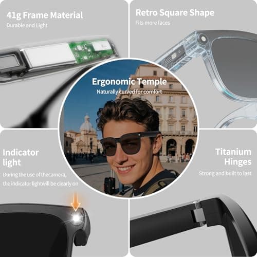 AI Smart Glasses with Camera, 8MP HD Anti-Shake Camera Glasses, 1080P Video Recording Sunglasses Dual Mic, Real Time Translation, Built-in ChatGPT Voice Assistant, Open-Ear Audio for Travel&Meetings view 5