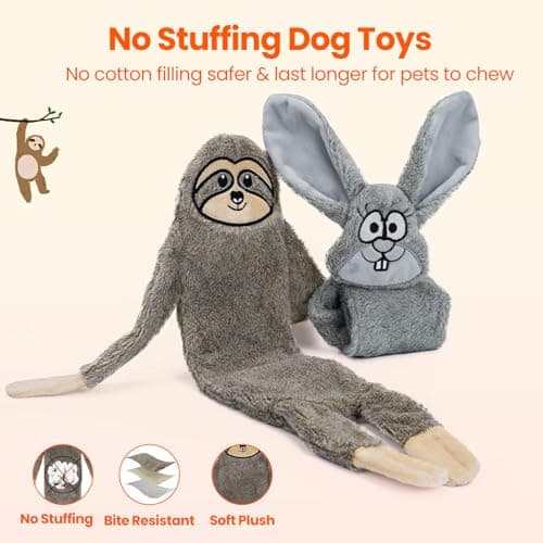 HGB No Stuffing Dog Toys for Aggressive Chewers, Squeaky Crinkle Plush Dog Toys to Keep Them Busy & Puppy Teething for Small, Medium, Large Breed, Cute Bunny & Sloth view 3