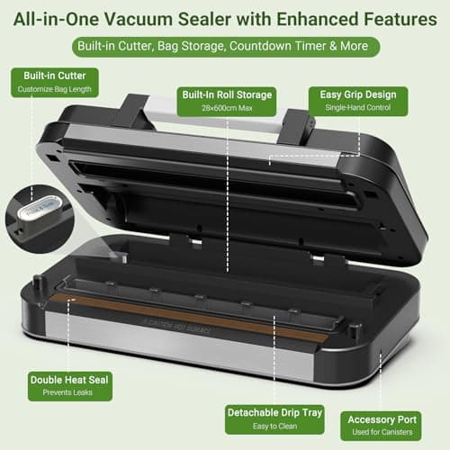 95kPa Vacuum Sealer Machine, Powerful Double Pump 10-in-1 Food Sealing System with Double Heat Seal, Built-in Cutter & Bag Storage, Easy-Lock Handle, Hose, 2 Bag Rolls, Durable Stainless Steel Design view 4