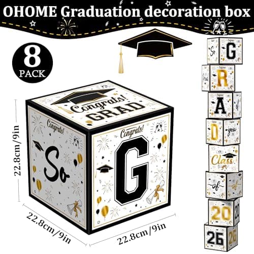 OHOME 8 Pack Graduation Decorations 2026 - Black Gold Balloon Boxes for Class of 2026 Party Favors Supplies - Graduation Party Decorations 2026 Yard Signs Banner Backdrop Decor (Black) view 3