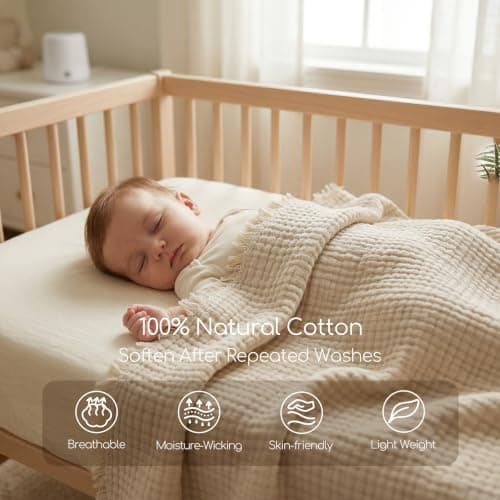 WDCOZY Muslin Throw Blanket 100% Cotton Blankets 4-Layer Breathable Lightweight Soft for Couch Boho Farmhouse Linen Tassels Ruffle Gauze Blankets All Season for Adults 50x60 Inches Beige Tan Neutral view 4