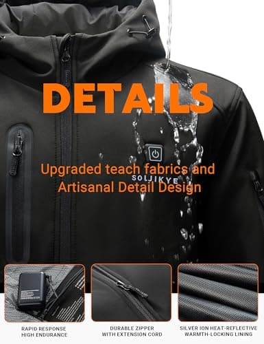 SOLJIKYE Heated Jacket for Men with 20000mAh Battery Pack | Men's Hooded Soft Shell Heated Jacket, 8 Heating Zones, 3 Heat Settings, Water-Resistant Warm Coat for Hunting Fishing Hiking view 4