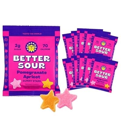 Better Sour Pomegranate Apricot Gummy Stars Candy, Healthy Candy with Low Sugar Gummies, Fiber Gummies with Added Fiber (Pack of 10)