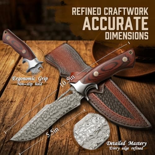 Purple Dragon Damascus Fixed Blade Knife with Sheath, Ideal Gift for Men | Hand-forged Full Tang Survival Knife with Rosewood Handle For Outdoor & Camping view 2