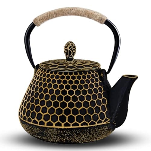 Cast Iron Tea Pot - Honeycomb Pattern Tea Kettle with Tea Leaf Infuser,Stovetop Tea Kettle Coated with Enameled Interior,Suitable for Brewing Loose Leaf Tea (Gold)