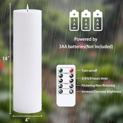 Yeelida 4" x14" Flameless Flickering Waterproof Candles with Remote, LED Battery Operated Timer Plastic White Pack of 2 Pillar Candles for Outdoor Use (Long Lasting 420+ Hrs) view 4