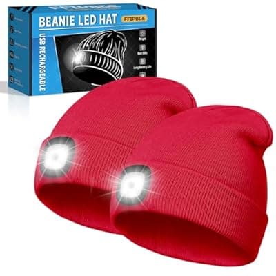 FFIPBGE Beanie Hats with Light, USB Rechargeable LED Hand Free Headlamp, Birthday Gifts for Men, Women, and Teens, Ideal for Camping, Hiking, 2 Pack, Red