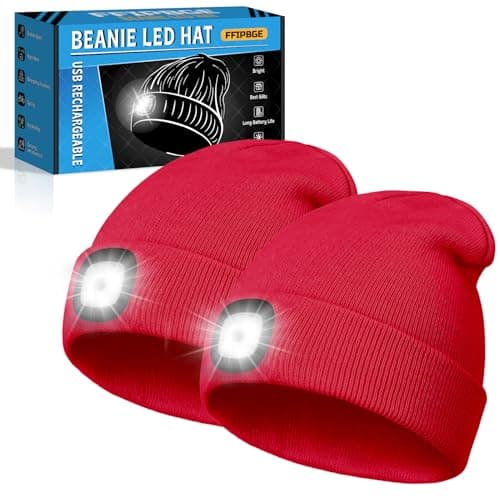 FFIPBGE Beanie Hats with Light, USB Rechargeable LED Hand Free Headlamp, Birthday Gifts for Men, Women, and Teens, Ideal for Camping, Hiking, 2 Pack, Red — image 1