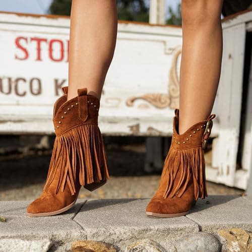 Hawkwell Women's Fringe Cowboy Cowgirl Boots Snip Toe Pull On Dress Western Ankle Booties view 2