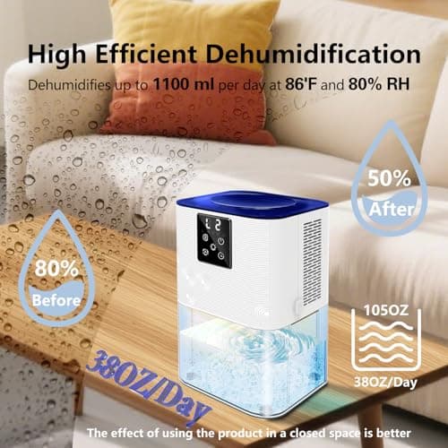 Dehumidifier,MTOX 3L/105 oz (1000 Sq Ft) Small Dehumidifiers for Rooms, Bathroom, RV, Quiet with Auto Shut-Off, Timer, 3 Modes, Removable Filter & Aromatherapy Box, 7-Color LED (Blue & White) view 3