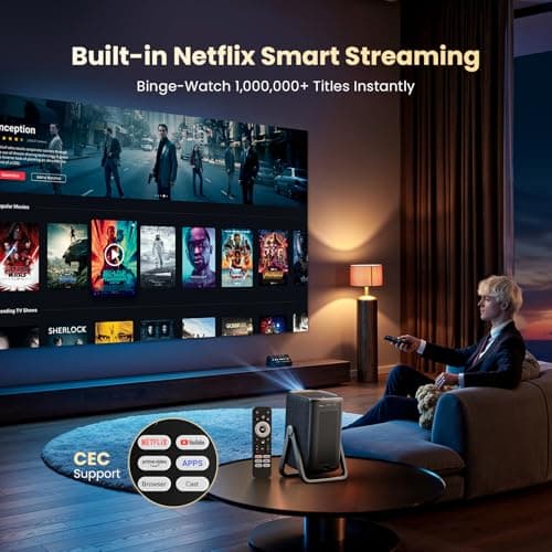 Short Throw Projector-4K with APPs Portable AI Auto Focus Keystone | High Brightness Dolby Smart Projector with WiFi and Bluetooth Home Theater for Bedroom, Outdoor, Ceiling, Camping view 4