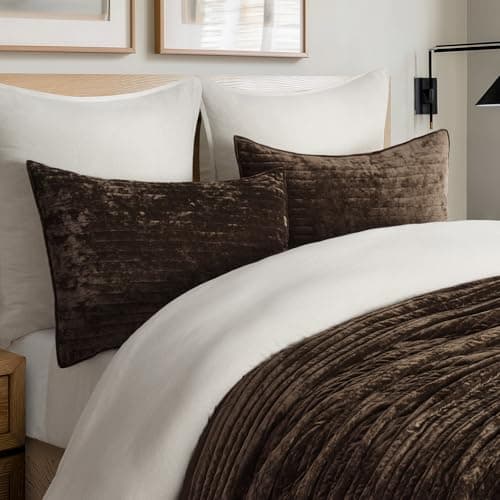 EVERGRACE Velvet Quilt Set King Size, Luxurious Soft Striped Channel Bedding Set, Lightweight Velvet Comforter for All Season, Oversized Bedspread Coverlet with 2 Matching Shams, Walnut Brown view 4