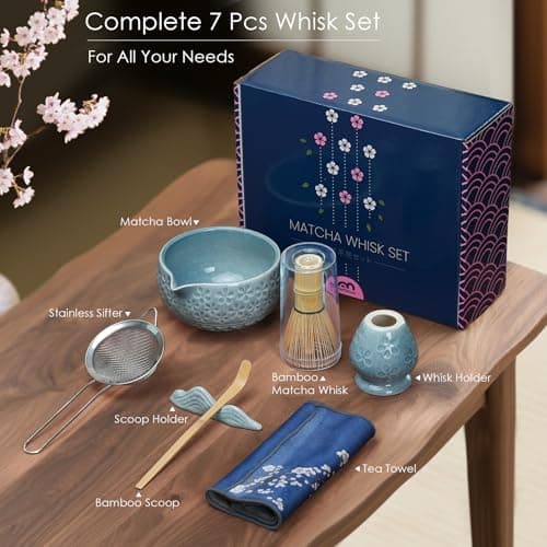 7Pcs Matcha Whisk Set, Matcha Set Whisk and Bowl,Bamboo Scoop, Scoop Rest, Sifter and Tea Towel, Matcha Kit W/Carved Cherry Blossm Pattern for Matcha Lovers (Sakura Blue) view 2