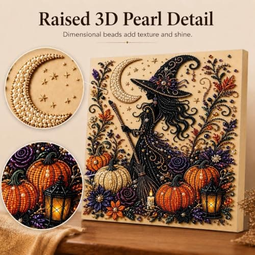 Witch Pearl Art Kit for Adults, Cute 3D Witch Diamond-Painting Crafts for Adults, DIY Fall Home Decor Wall Art, Beginner DIY Seasonal Party Gift view 3