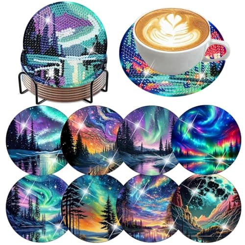 ijbnhd 8 Pcs Aurora Diamond Art Coasters Kits, Landscape Diamond Painting Coasters Kit with Holder, Diamonds Art Non Slip Coaster Crafts Kits for Adults Gifts 4x4 inch (Cork Wooden Pad) — image 1