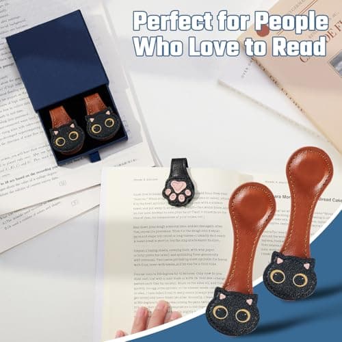2Pcs Magnetic Leather Bookmarks with Gift Box Magnetic Pen Holder Book Marks Clip Gift for Book Lover Readers Men Women Teachers Students, Cat (Brown+Brown) view 4
