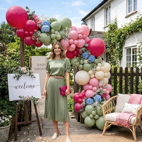 Hot Pink and Sage Green Balloon Garland Arch Kit, Double Stuffed Dusty Green Magenta & Ivory Balloon Decorations for Baby Shower, Garden Bridal Wedding, Tropical Birthday, Boho Tea Party view 6