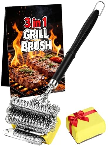 Professional 3-in-1 Grill Brush and Scraper with Safety Second Sweep Sponges - 18" Detachable Long Handle BBQ Cleaner for Heavy Duty Grime - Ideal Father's Day Grilling Gift for Men (Black) view 1