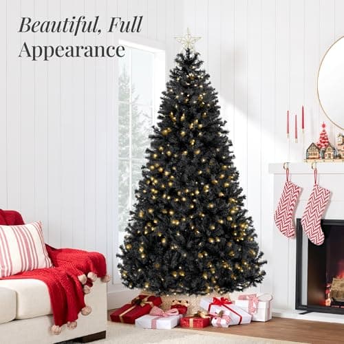 Best Choice Products 4.5ft Pre-Lit Black Christmas Tree, Full Artificial Holiday Decoration for Home, Office, Party Decoration w/ 362 Branch Tips, 175 Lights, Metal Hinges, Foldable Base view 4